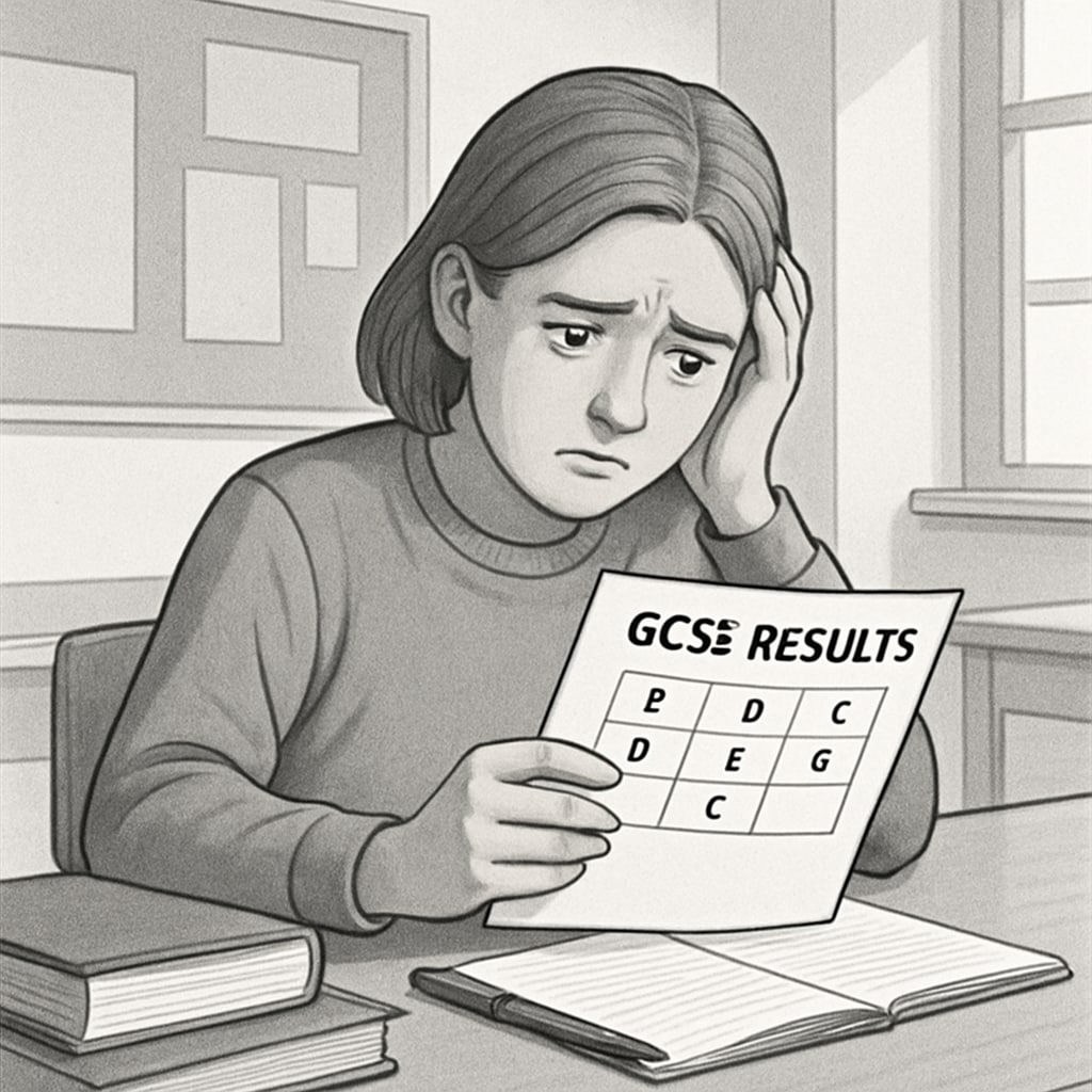 A concerned student sitting at a desk with their GCSE result sheet, symbolizing academic anxiety and the emotional impact of disappointing grades. Student reviewing their GCSE results, feeling academic anxiety about future prospects.