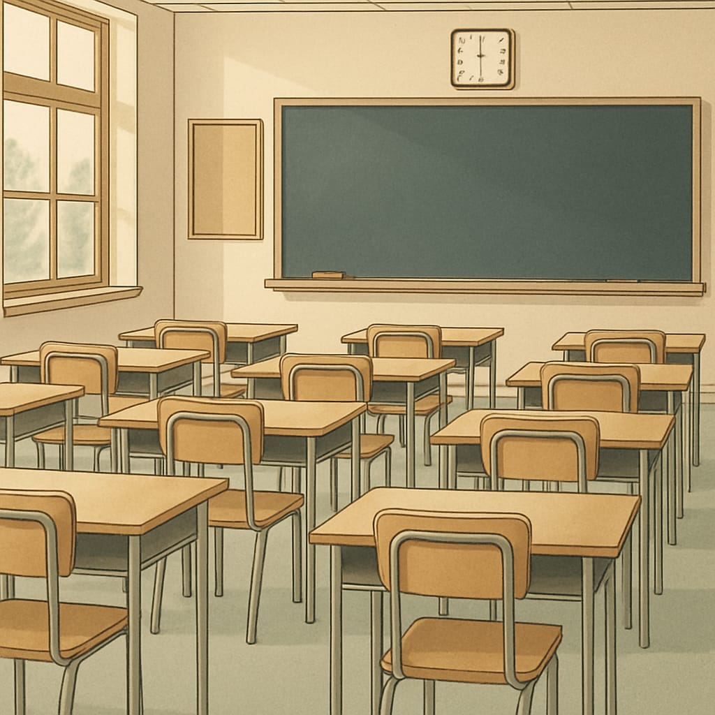 A classroom with empty desks and a blackboard, symbolizing the absence of teachers on Teacherless Tuesday. Empty classroom highlighting the impact of Teacherless Tuesday.