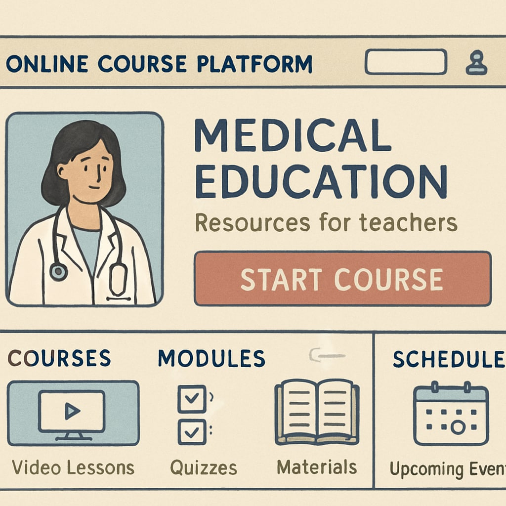 Screenshot of an online course platform offering medical education resources for teachers. Online course platform providing structured medical education resources for non-medical professionals.