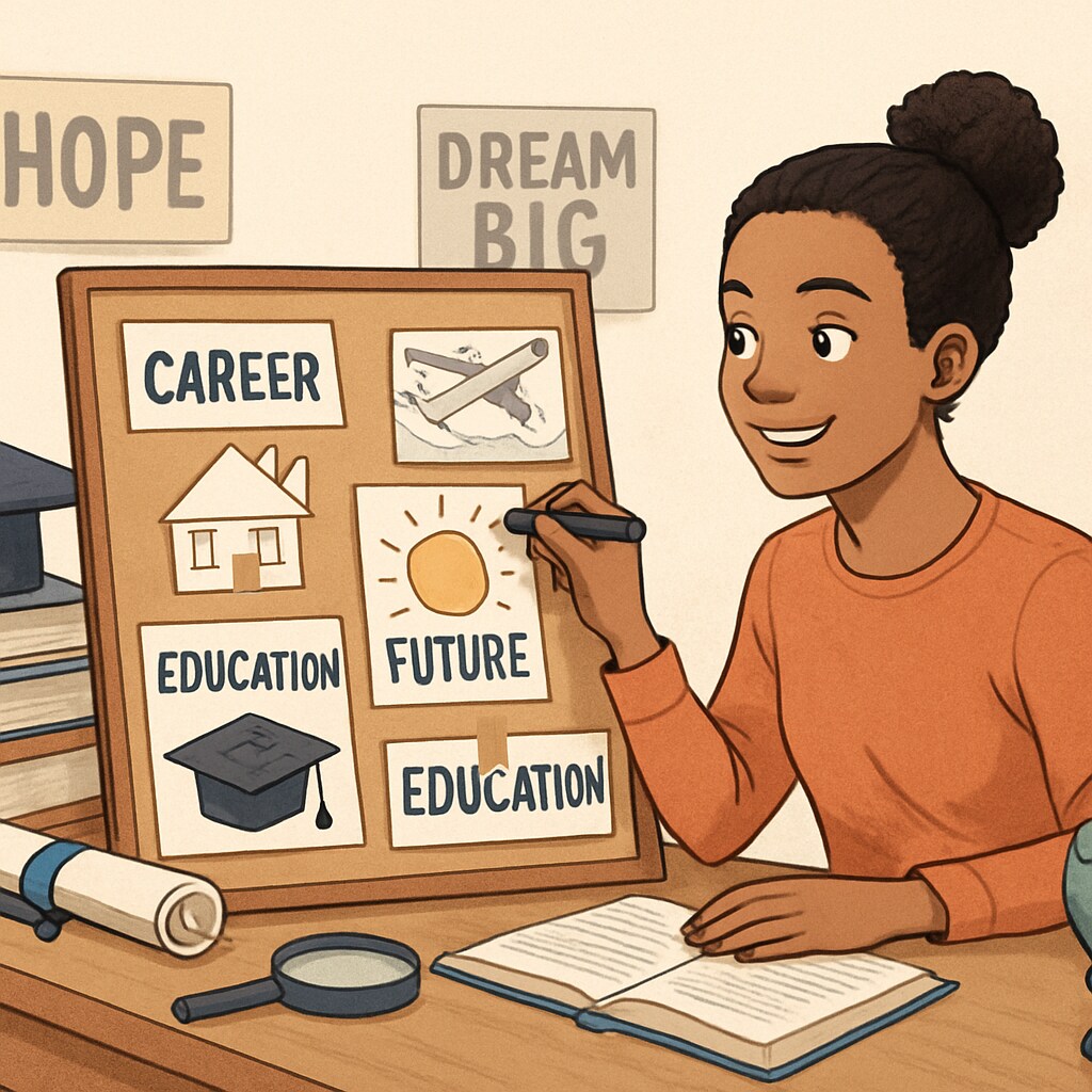A student confidently planning their future using a vision board, surrounded by books and resources that inspire hope and determination. Student planning their future prospects after disappointing GCSE results.