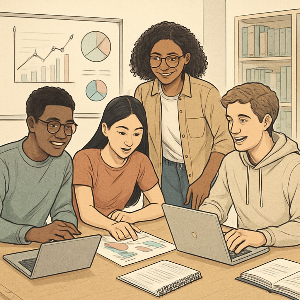 A group of international students collaborating on a data science project.