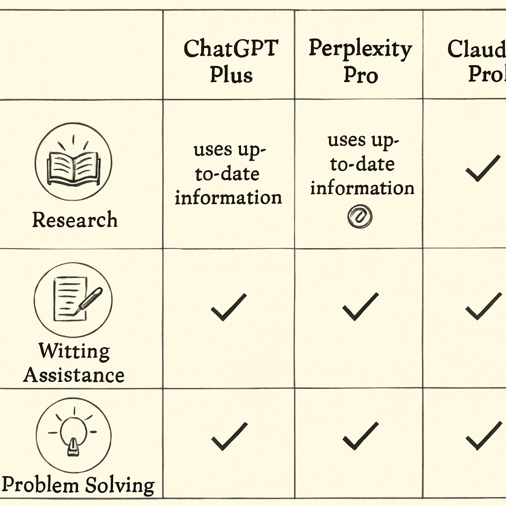 A side-by-side comparison chart visually analyzing the features of ChatGPT Plus, Perplexity Pro, and Claude Pro, emphasizing their utility in academic tasks. Comparison chart of ChatGPT Plus, Perplexity Pro, and Claude Pro for academic use.