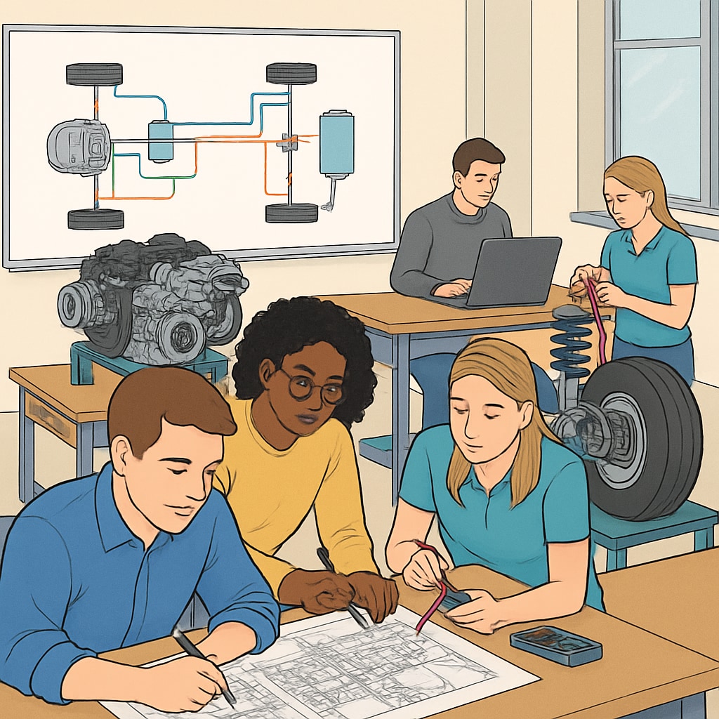 A classroom setting featuring students engaged in automotive engineering coursework on modern automotive systems. Students learning automotive engineering as part of their bachelor’s degree program.