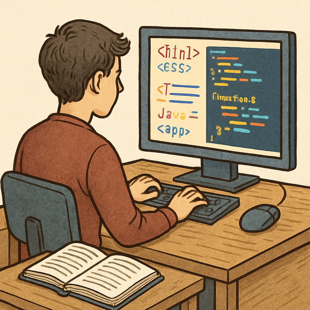 A student sitting in front of a computer screen displaying coding languages, symbolizing programming and IT career options. A computer screen showing coding languages with a student studying, representing IT career choices.