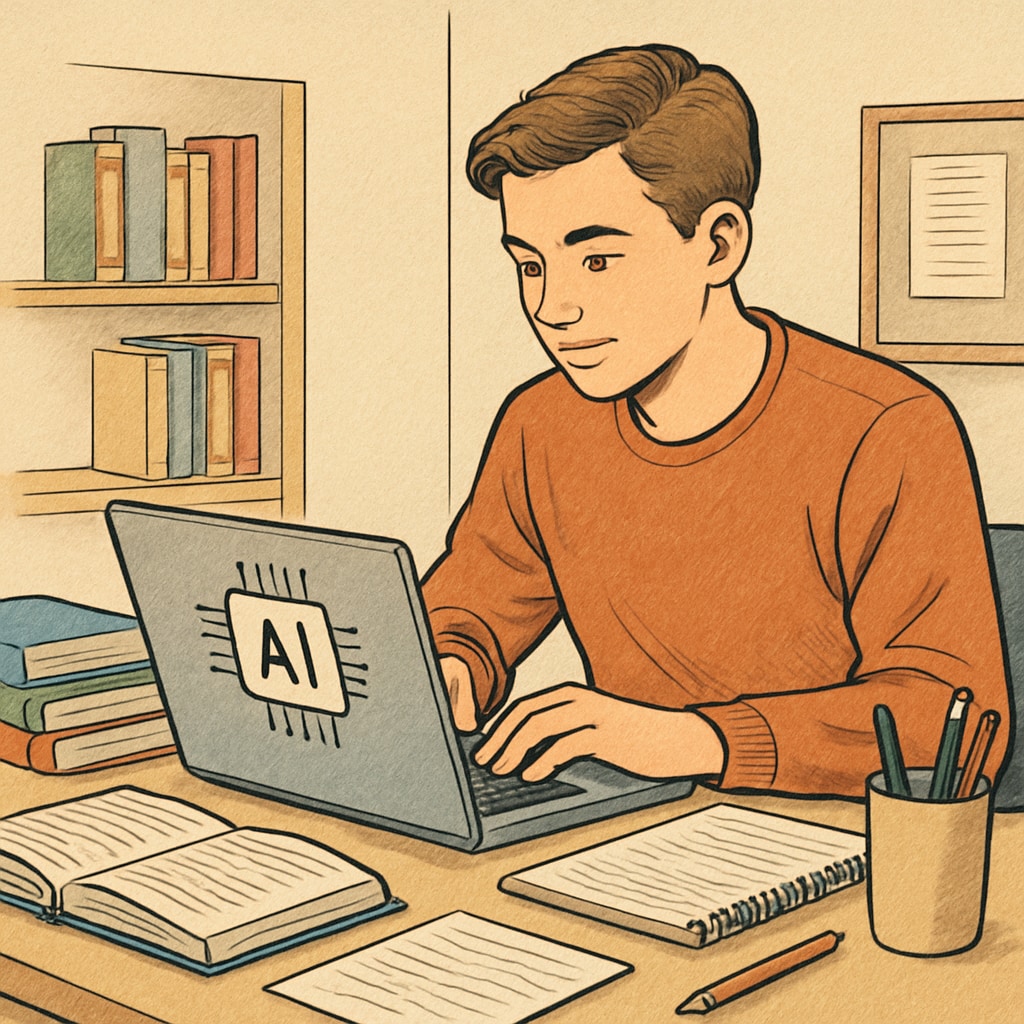 A university student working on a laptop with AI tools, surrounded by textbooks and notes, symbolizing the integration of technology in learning. University student using AI tools for academic tasks with textbooks and notes.