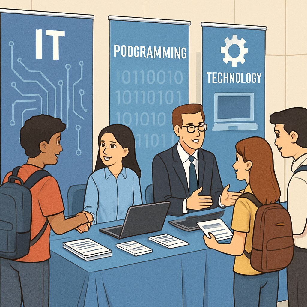 A career fair booth showcasing opportunities in IT, programming, and technical fields, with students discussing options with experts. Career fair booth with students exploring IT and technical field opportunities.