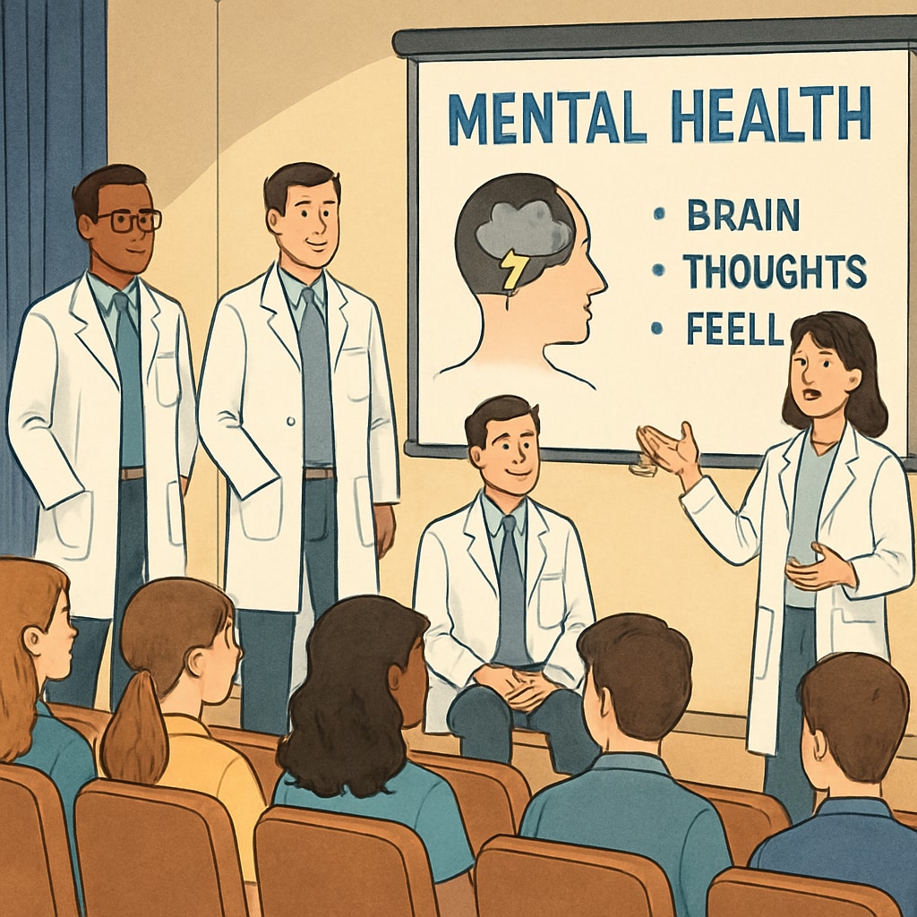 A group of medical students presenting a mental health talk to high school students in an auditorium. Medical students delivering a mental health talk to high school students.