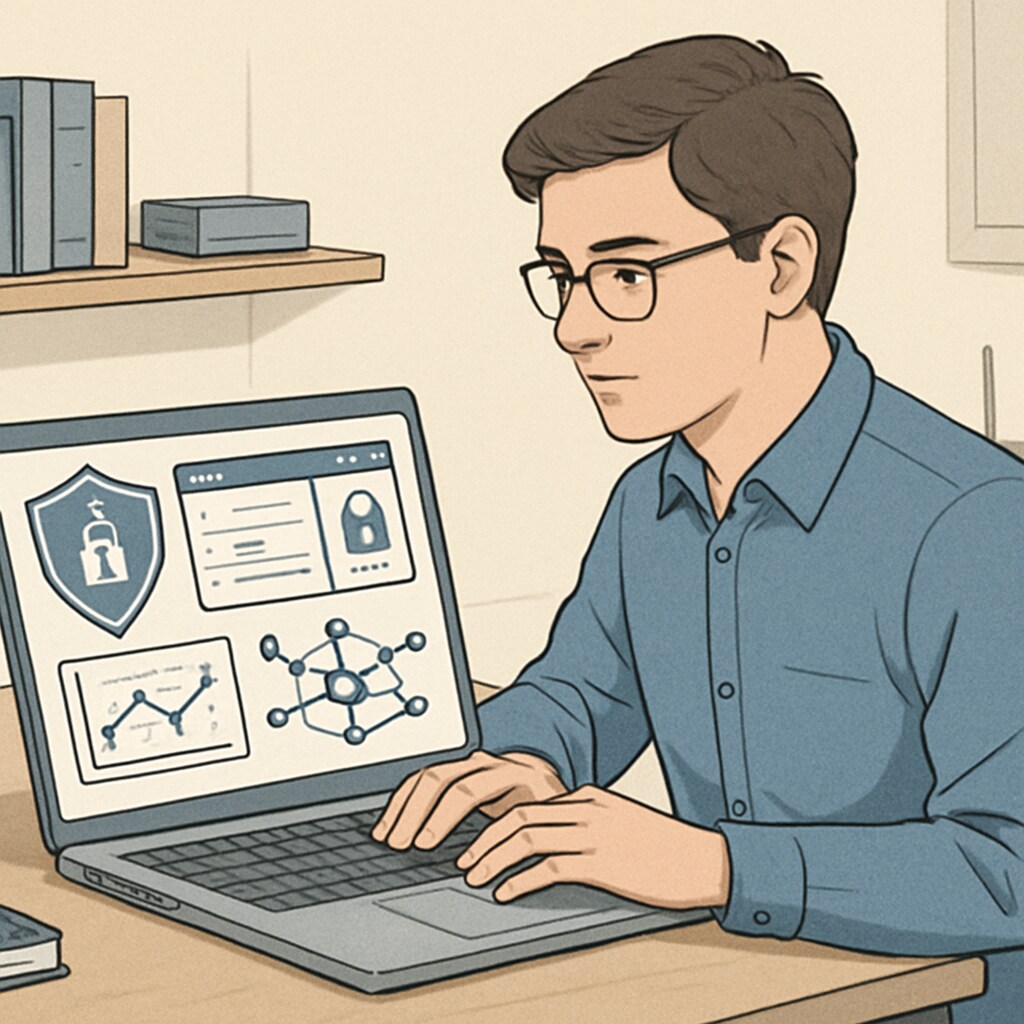 An IT student learning about network security in a professional setting. The laptop screen shows security protocols and data graphs. IT student learning about network security protocols during university.