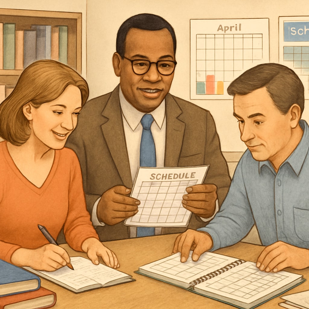 School administrator helping teachers with schedules in a non-teaching career setting.
