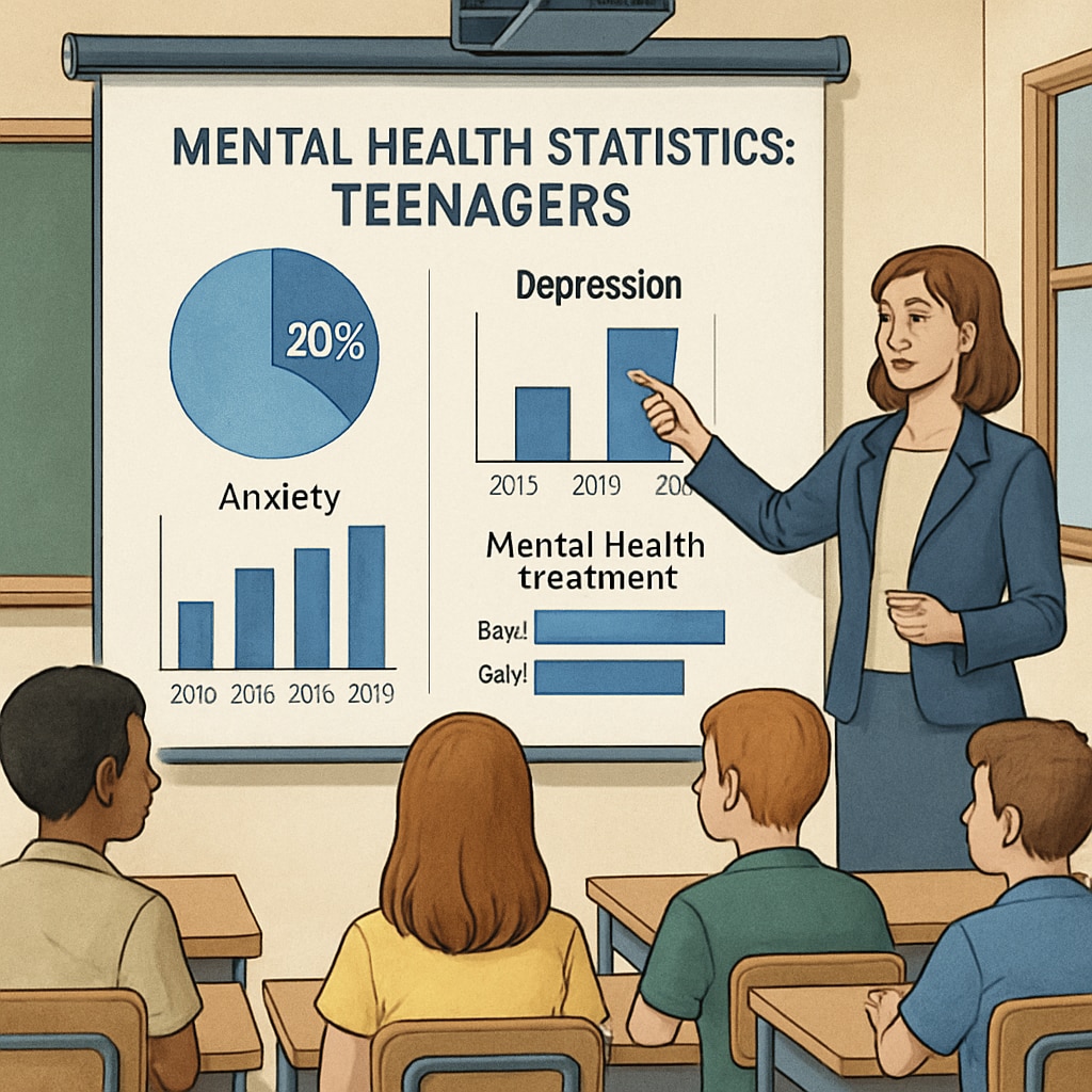 A presentation slide showing mental health statistics relevant to teenagers in a classroom setting. Slide on teen mental health statistics used in a high school talk.