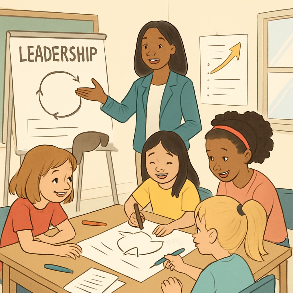 A classroom setting where young girls are engaged in a leadership workshop, with an instructor guiding them through a group activity. Young girls participating in a K12 leadership workshop inspired by Sadhguru.
