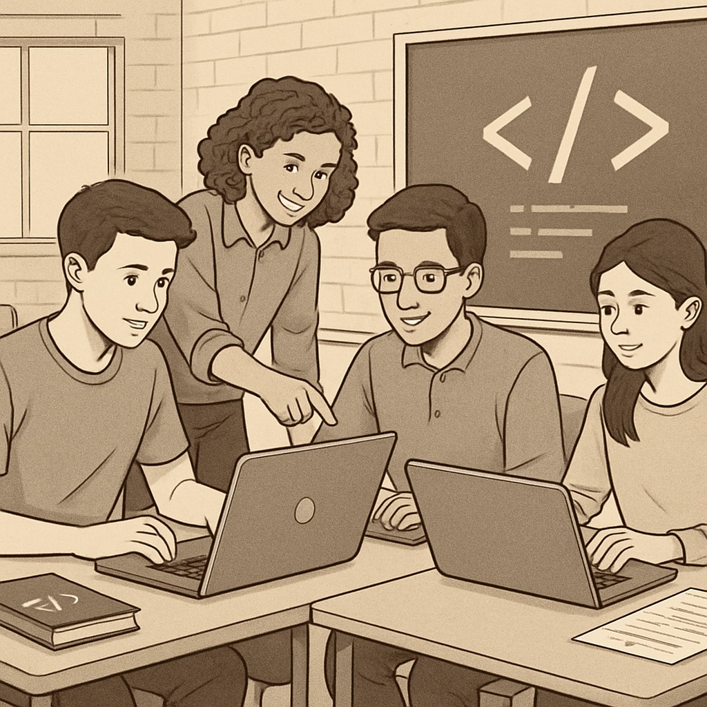 Students collaborating in a coding workshop, actively working on laptops. The setting includes teamwork and project-based learning. University students coding collaboratively during a workshop.