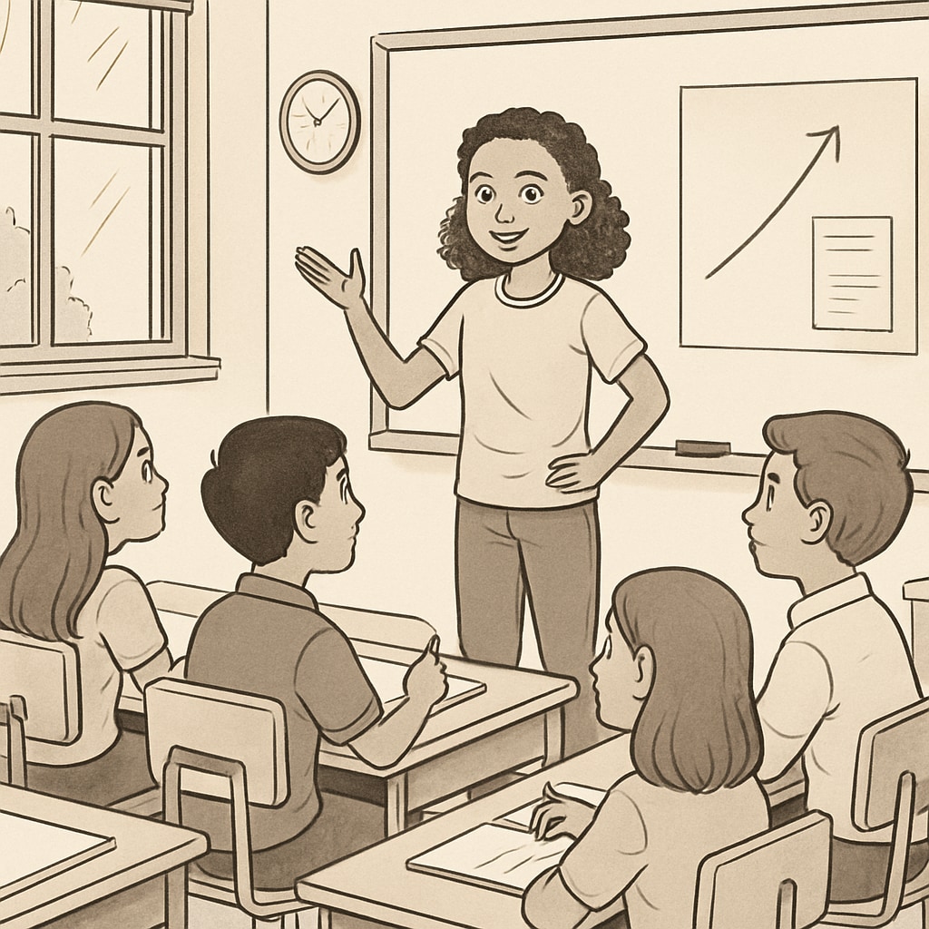 A young student confidently presenting her ideas to a group of peers in a classroom setting, demonstrating leadership and communication skills. Female student showcasing communication and leadership skills in a K12 class.