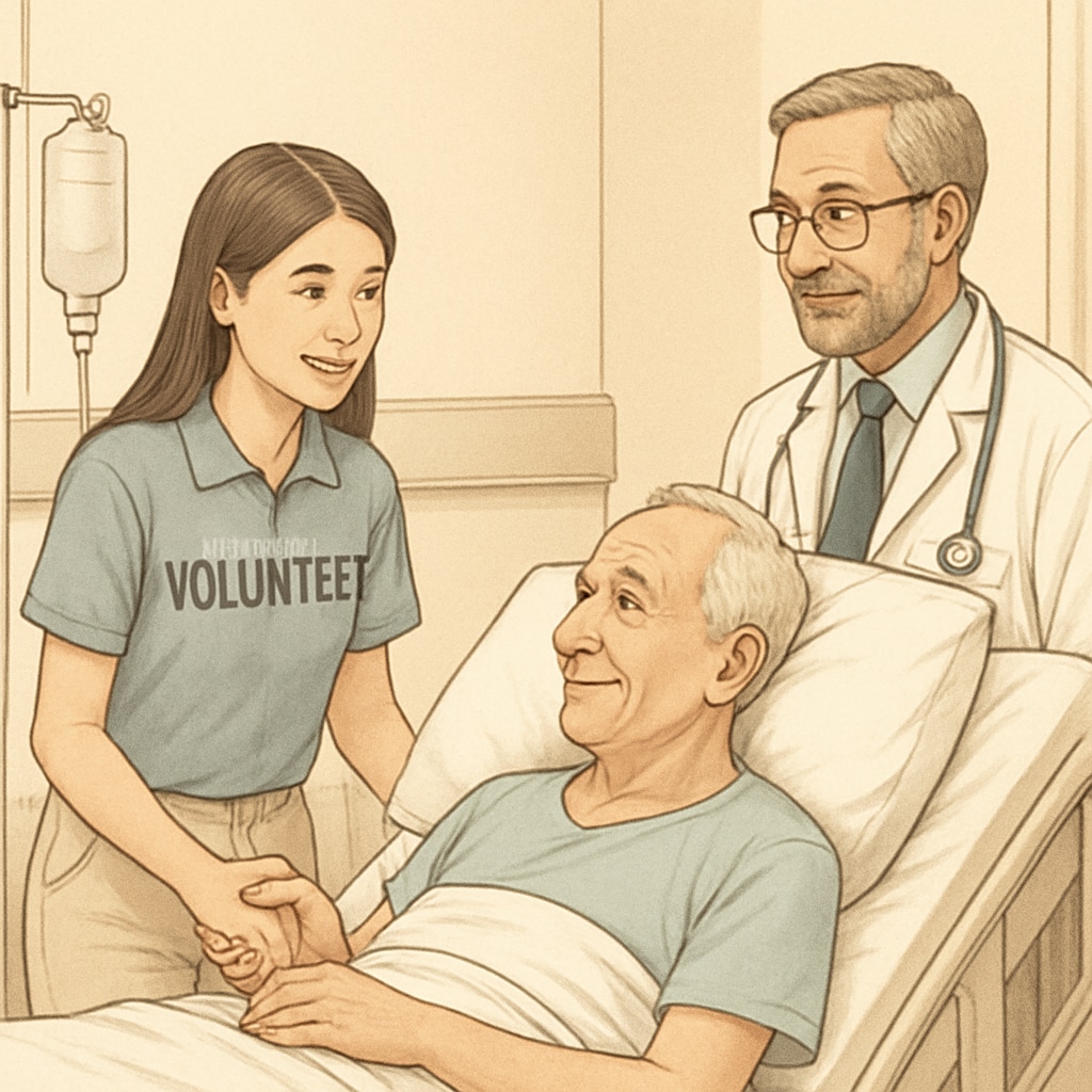A high school student volunteering at a local hospital, interacting with patients under supervision. High school volunteer gaining healthcare experience to prepare for nursing.