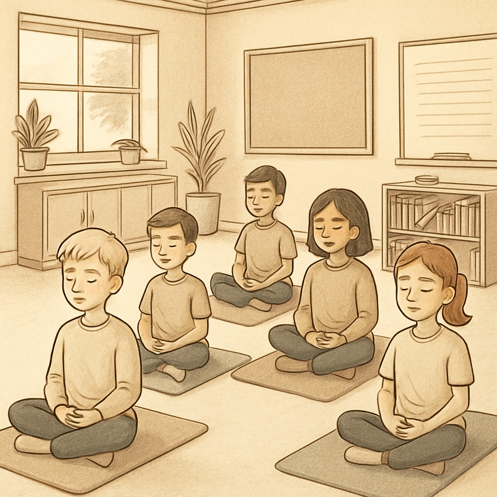 A serene classroom setting where students practice mindfulness exercises inspired by yoga philosophy. Students practicing mindfulness inspired by Sadhguru’s yoga philosophy.