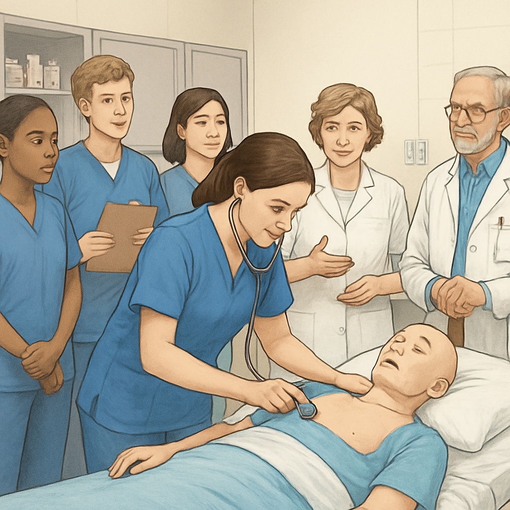 A nursing student practicing skills in a college lab setting, with classmates and instructors observing. Nursing student in college lab practicing clinical skills.