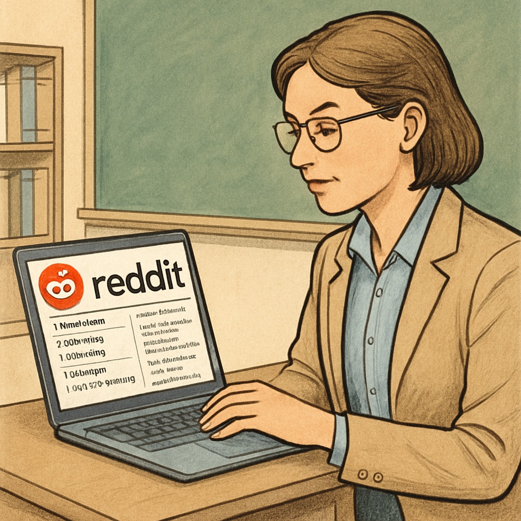 A teacher browsing Reddit on a laptop, exploring education subreddits. A teacher exploring Reddit education subreddits on a laptop.