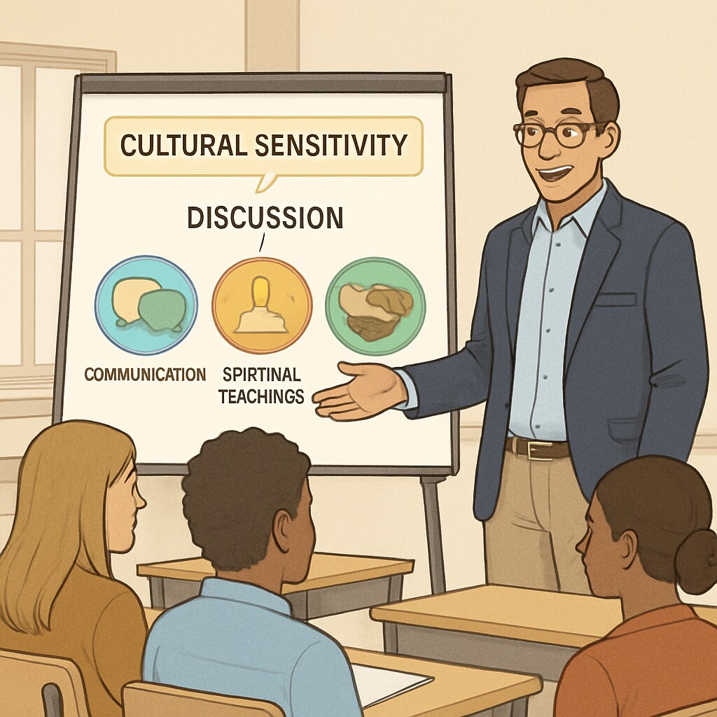 A facilitator leading a communication workshop, using visual aids to explain cultural sensitivity in discussions about spiritual teachings. Communication workshop on cultural sensitivity with visual aids, relevant to Sadhguru’s teachings.