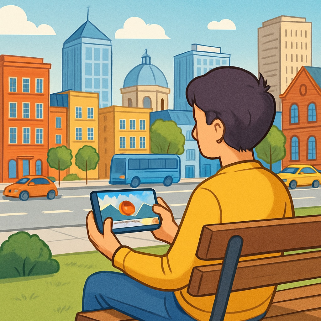 A vibrant cityscape with a person watching a short travel video on their smartphone, representing digital tourism engagement. Watching short tourism videos on a smartphone in a vibrant cityscape