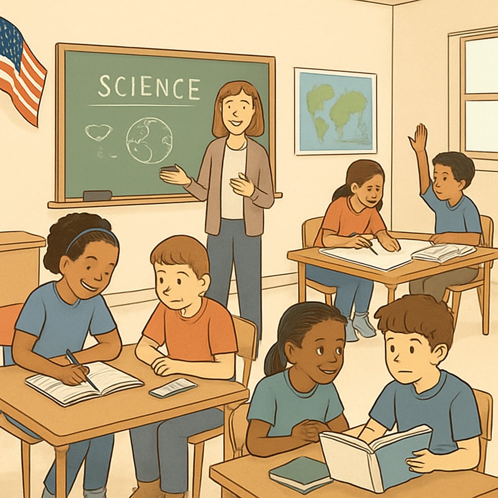 A classroom environment in the US, featuring students engaged in collaborative learning activities. Collaborative classroom in the US education system, highlighting creativity and teamwork