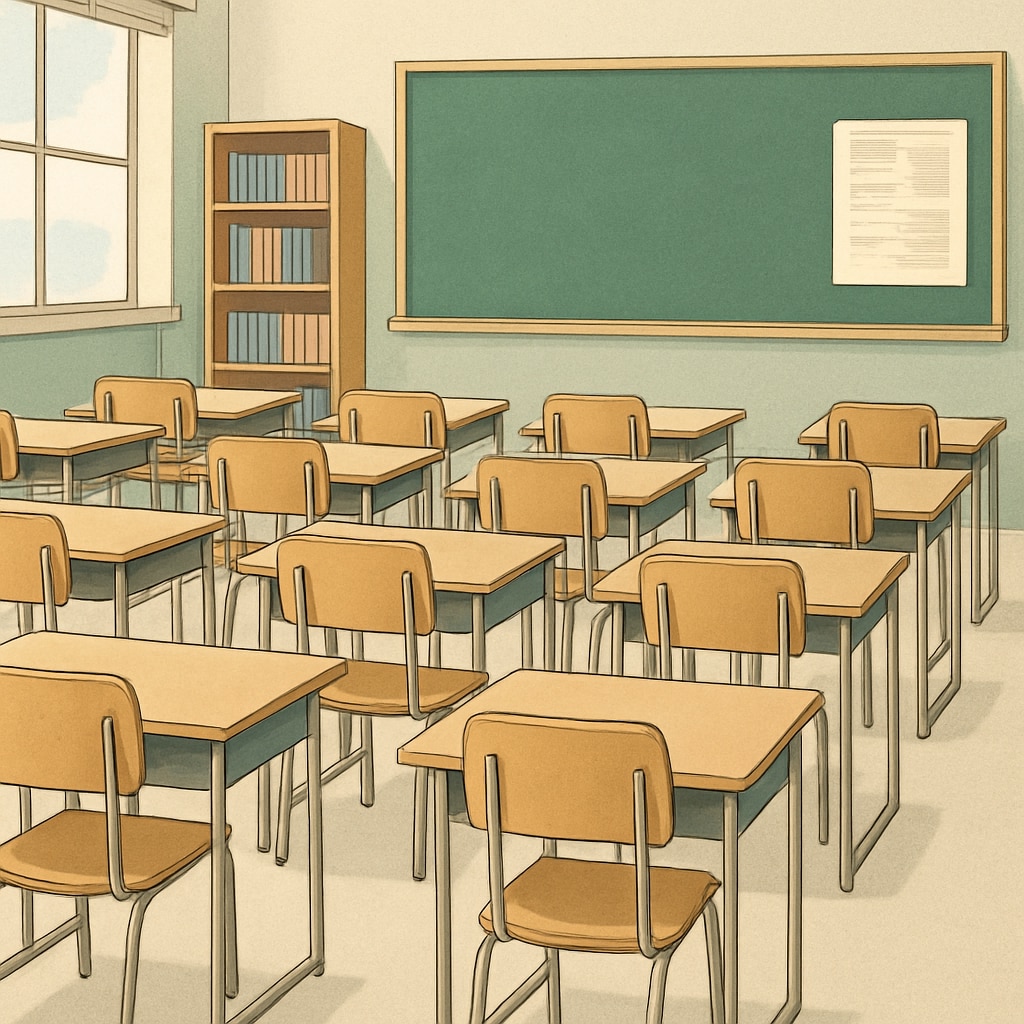 A classroom with empty chairs symbolizing absenteeism issues in schools. Empty classroom chairs representing absenteeism and strict attendance policies.