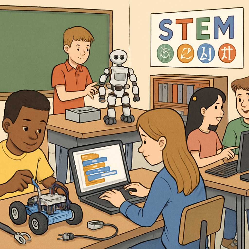 A classroom setting where students are working on STEM projects, such as robotics or coding. Students working on STEM projects in a high school classroom setting.