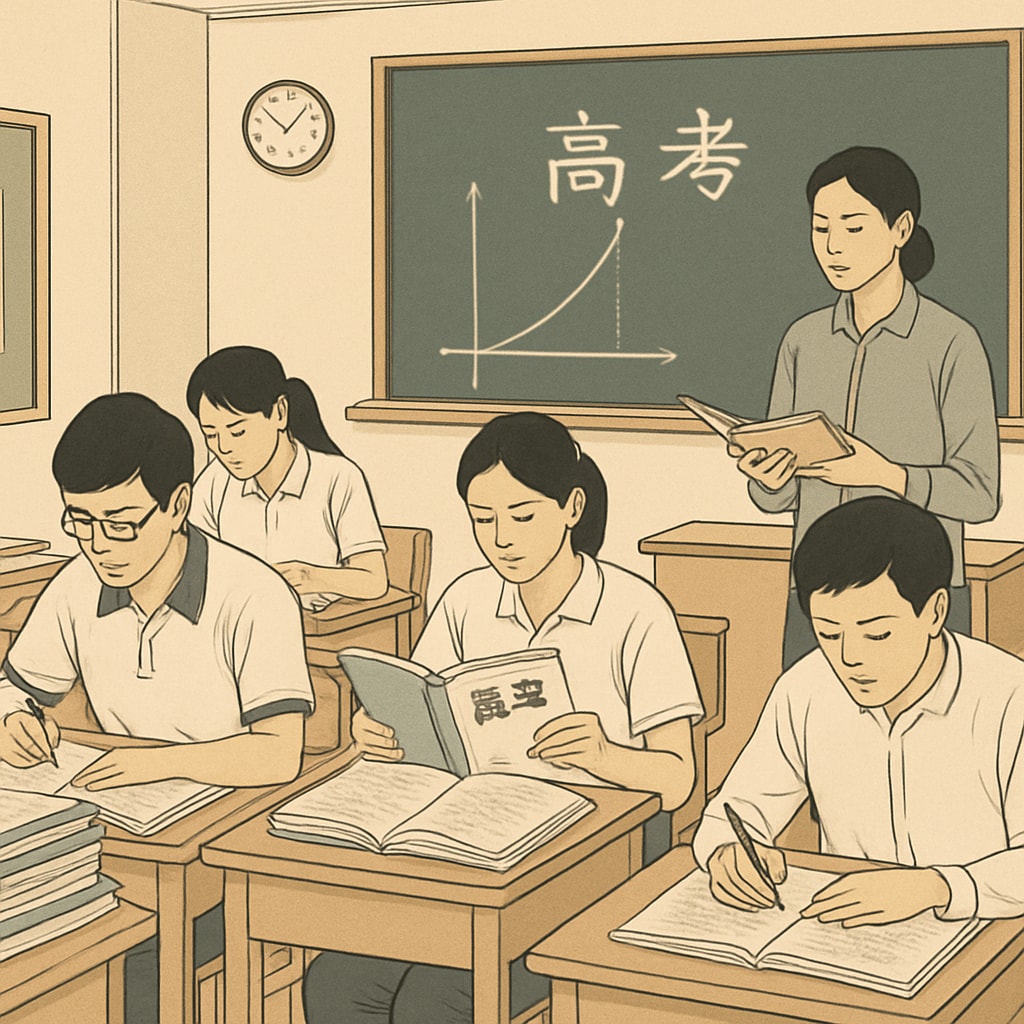 A Chinese classroom with students focused on preparing for the Gaokao exam, reflecting academic rigor. Chinese classroom with students preparing for Gaokao, emphasizing academic excellence