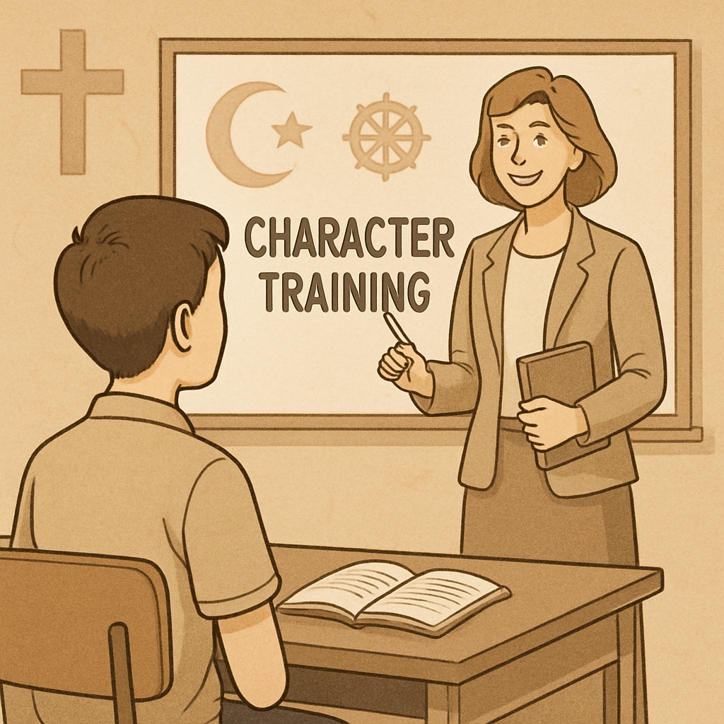 A student attending a character training session, with religious symbols subtly present in the background. Student in a character training session, highlighting concerns about religious influence in education.
