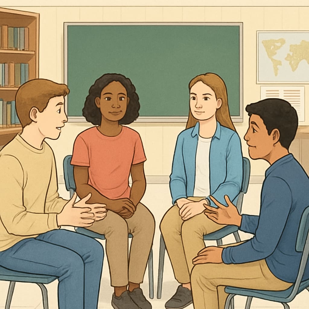 Students engaged in a group communication exercise, practicing active listening and teamwork. High school students practicing communication and teamwork skills.