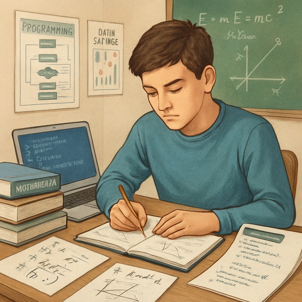 A high school student studying computer programming and mathematics, representing preparation for a data science degree. High school student preparing for U.S. data science degree with computer programming and math.