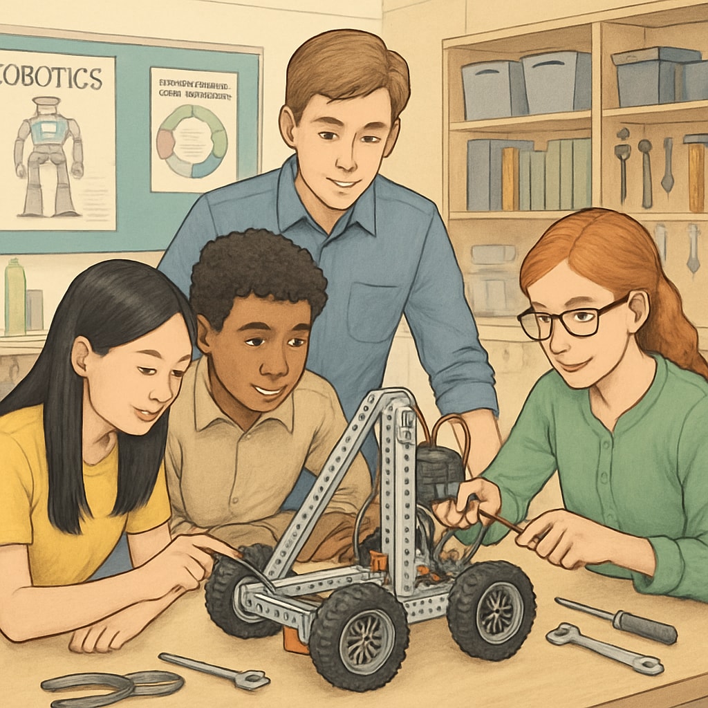 A group of high school students working on a robotics project in a classroom setting, showcasing teamwork and problem-solving skills related to mechanical engineering. High school students collaborating on a robotics project, mechanical engineering foundations.
