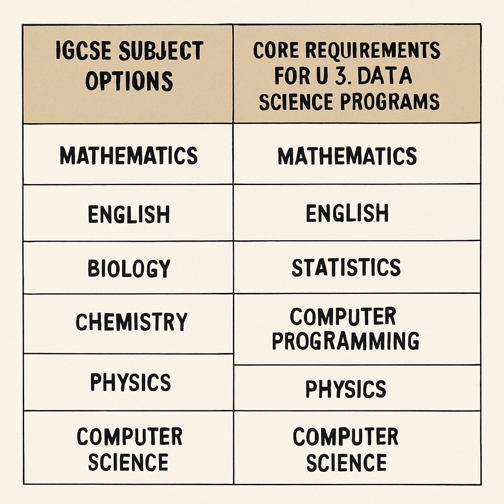 A chart comparing IGCSE subject options with the core requirements for U.S. data science programs. IGCSE subject options aligned with U.S. data science degree requirements.