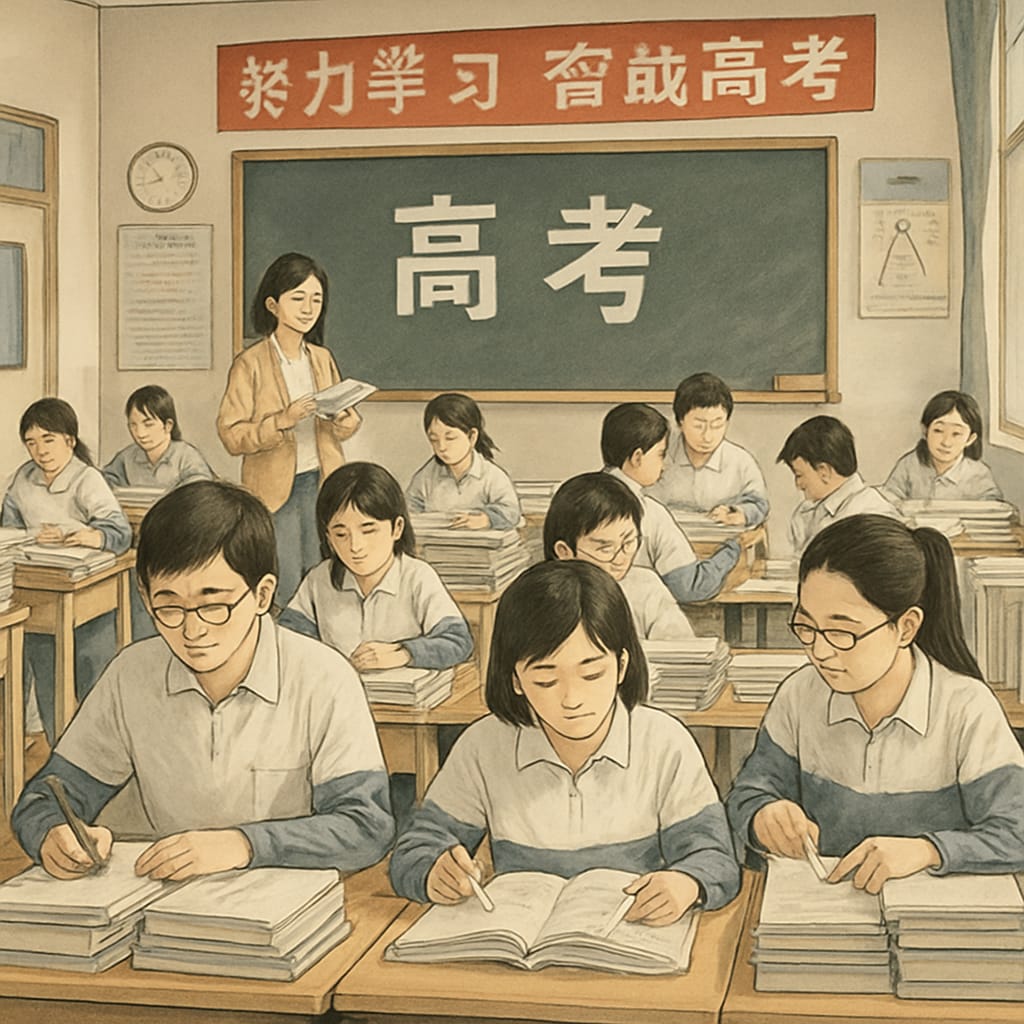 A classroom of students in China preparing for the Gaokao, illustrating the exam-centric nature of the education system. Students preparing for the Gaokao in China, reflecting exam-centric education.
