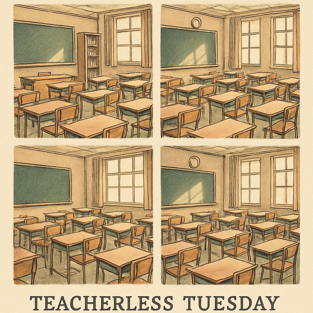 A group of empty classrooms in a school, symbolizing collective teacher absence. This image captures the essence of Empty classrooms illustrating the concept of