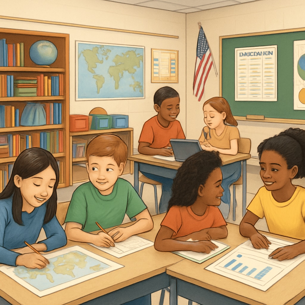 A U.S. classroom with students engaged in group projects, showcasing a resource-rich environment and collaborative learning. U.S. classroom environment with collaborative student activities and resources.