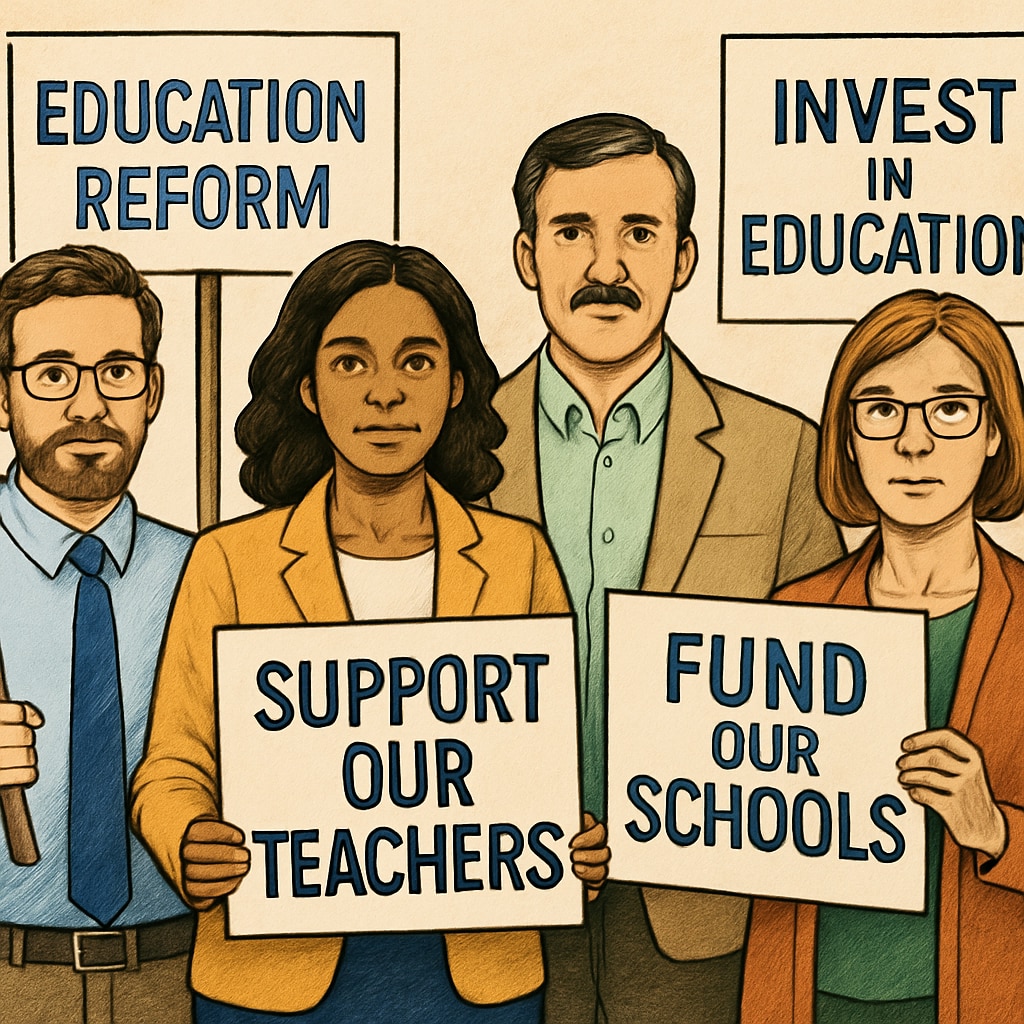 A rally of teachers holding placards advocating for education reform. This image highlights the unity and purpose behind teacher-led advocacy efforts. Teachers rallying with placards for education reform during