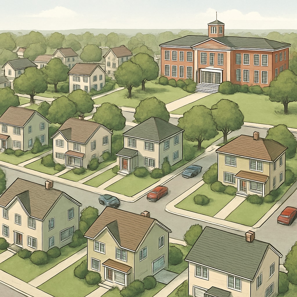 A suburban neighborhood with homes near a top-rated school district, highlighting the correlation between education and real estate value. A neighborhood showcasing the impact of top school districts on property values.