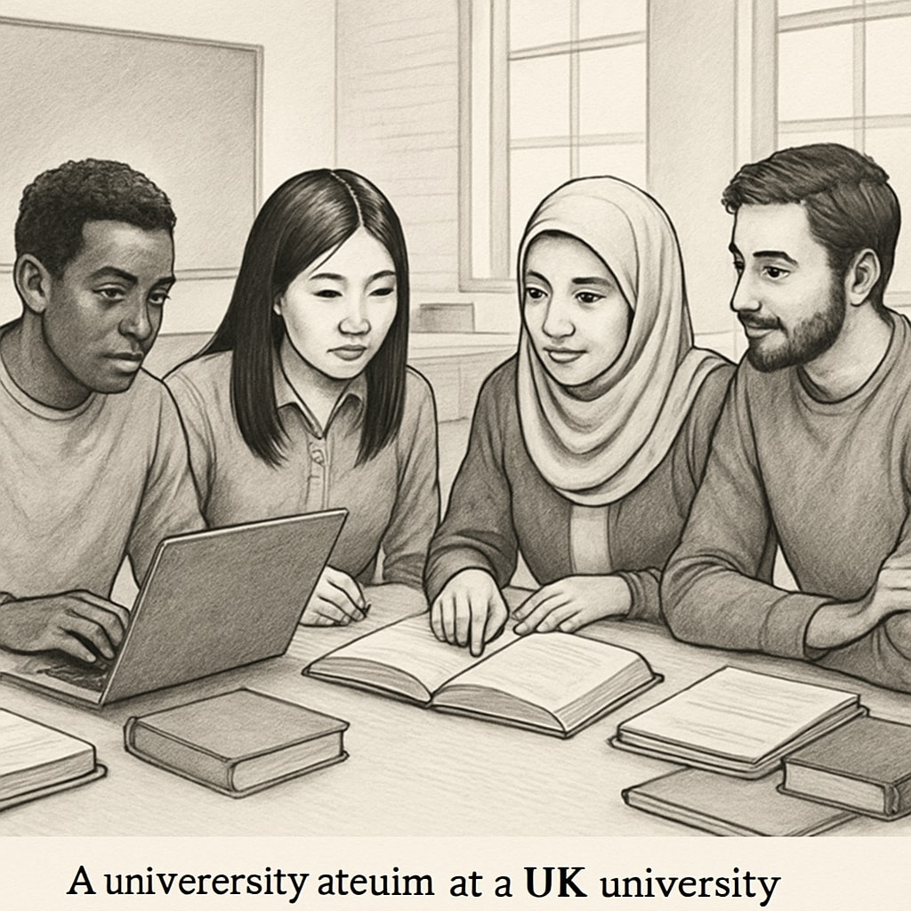 Diverse students in the UK discussing higher education challenges, including tuition fees and immigration barriers.