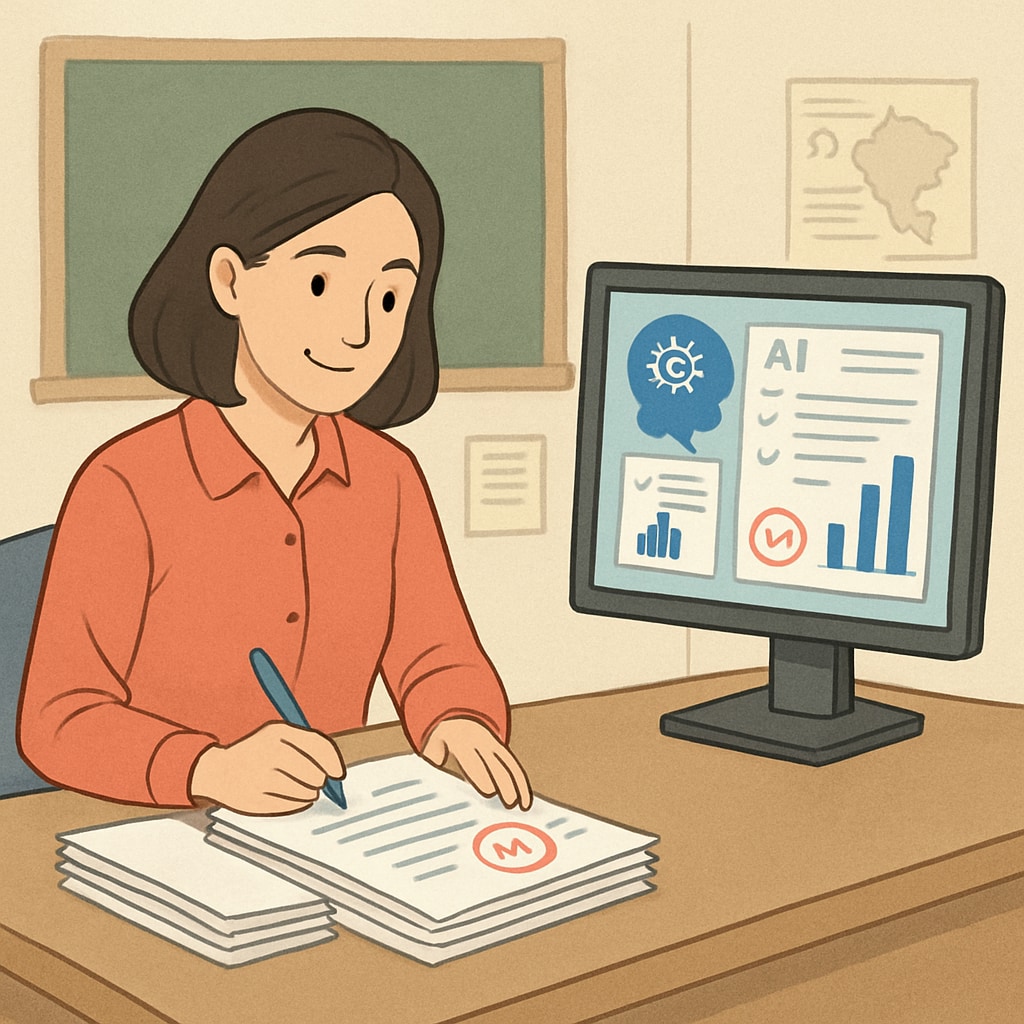An illustration showing AI software assisting a teacher with grading assignments. AI software helping teachers reduce administrative tasks.
