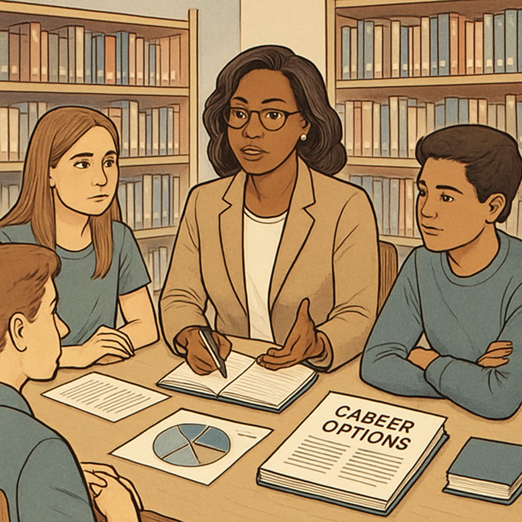 A student counselor discussing career options with high school students in a library setting. Career counseling session for students discussing options in K12 education with an emphasis on career planning.