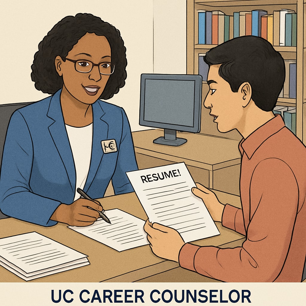 A UC career counselor assisting a student with a resume review in an office environment. University of California career counselor helping a student with resume preparation and employment tips.