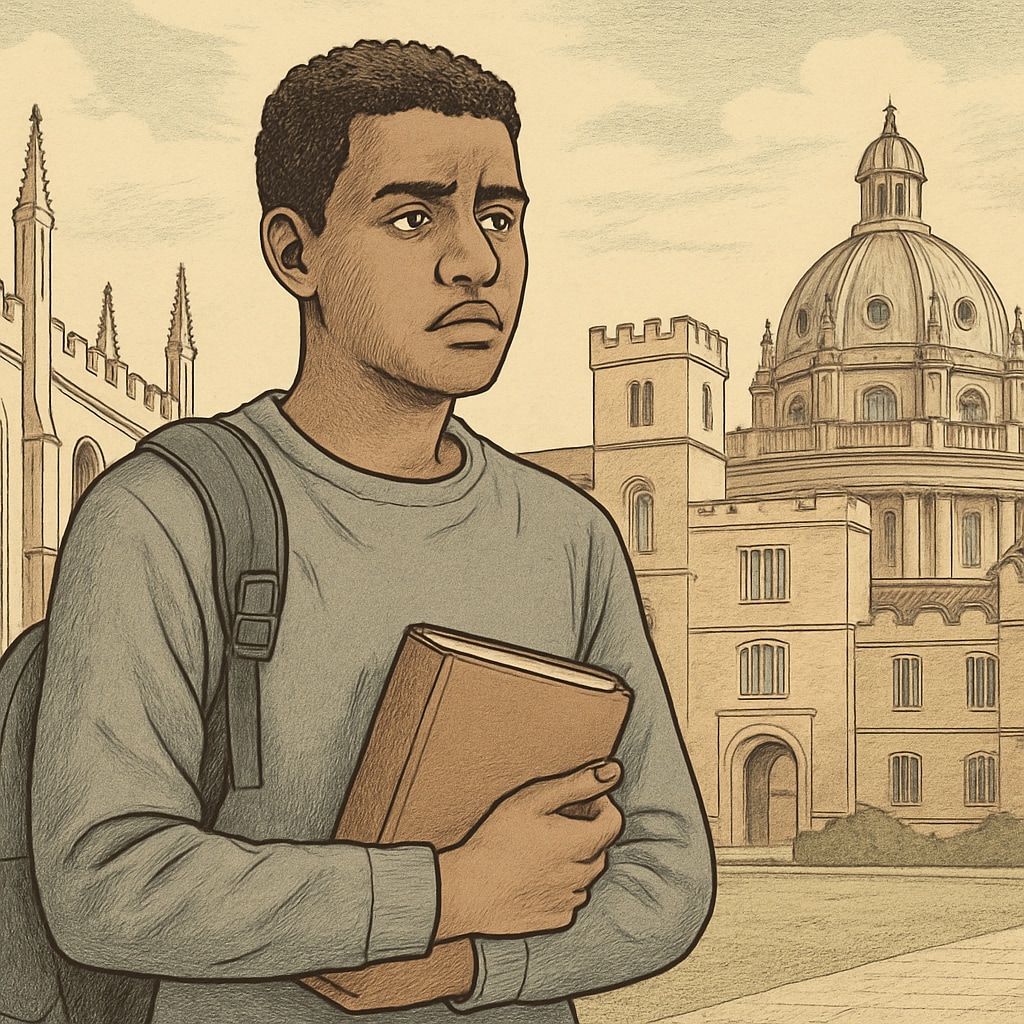 Immigrant student reflecting on tuition and identity challenges in front of Oxford University.