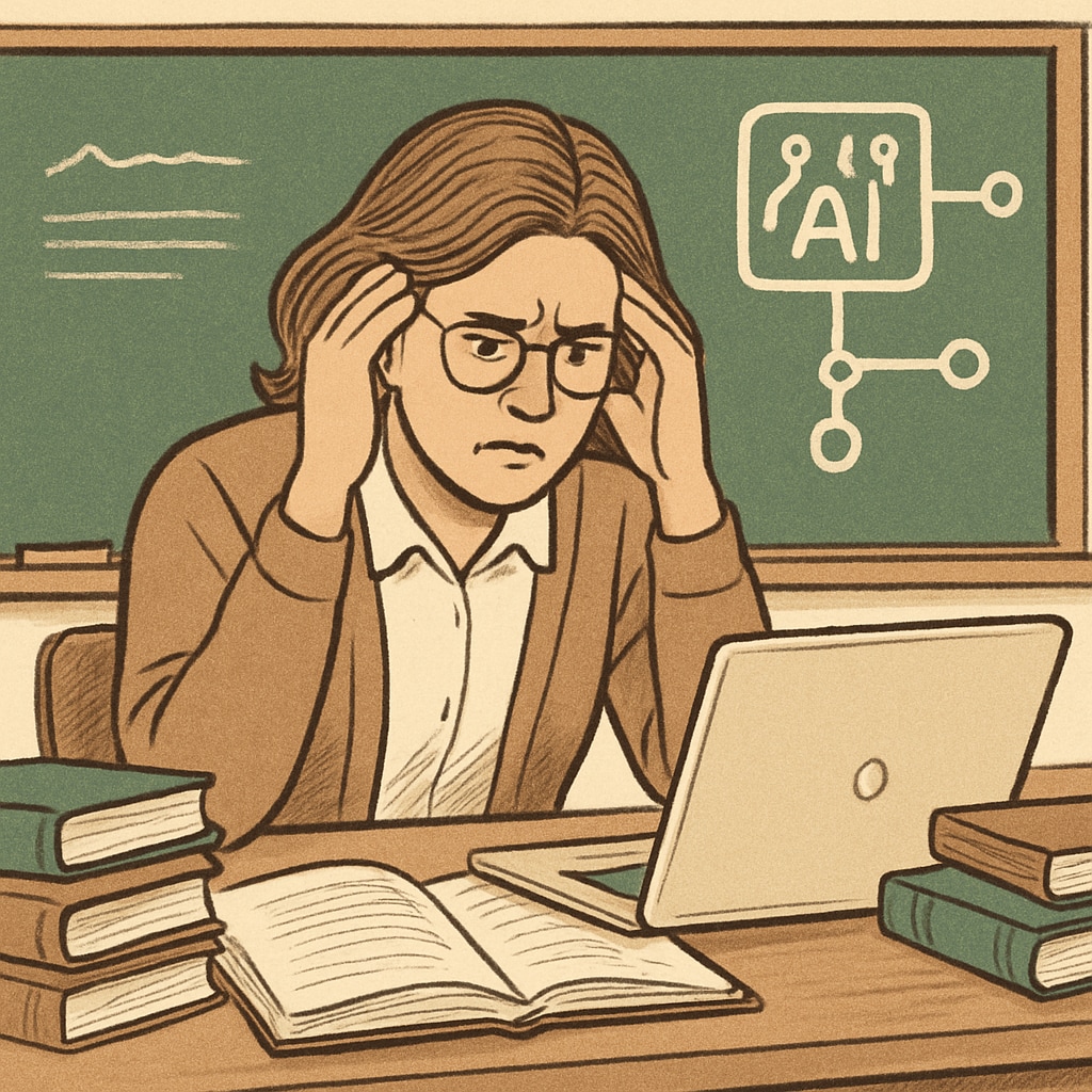 A teacher looking frustrated while trying to learn a new AI-based educational software. Challenges teachers face when adapting to AI tools in education.