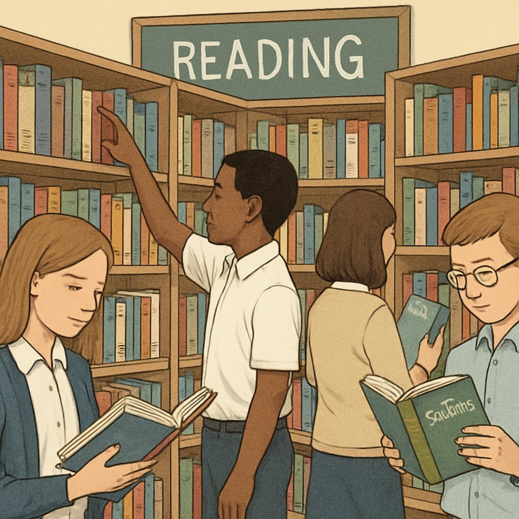 Fifth-grade students selecting books in a classroom library.