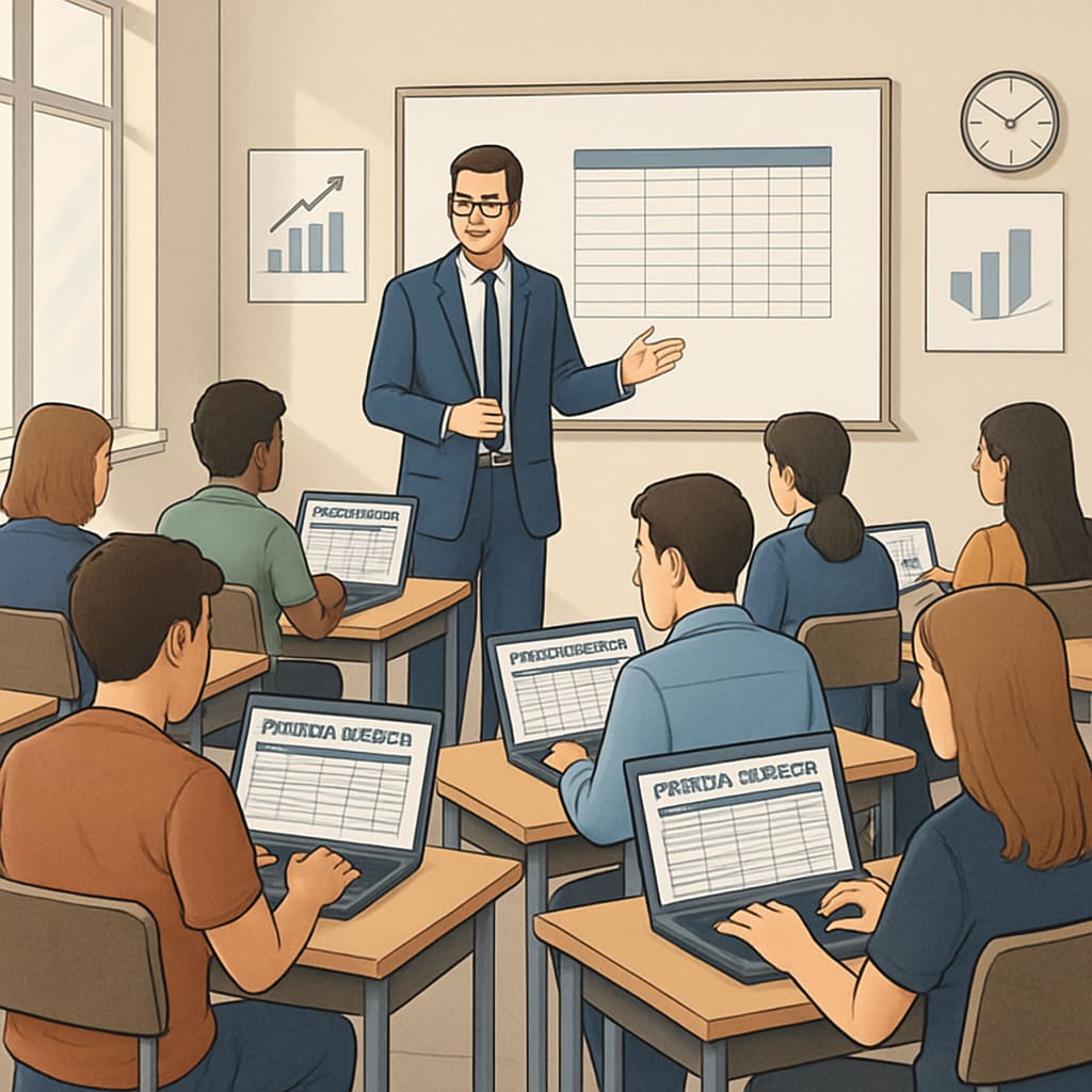 Students learning financial modeling in a classroom setting.