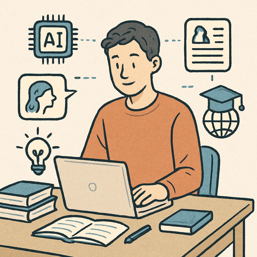 A university student typing on a laptop while using various AI tools to complete academic tasks. A student using AI tools for academic assistance and GPA improvement.