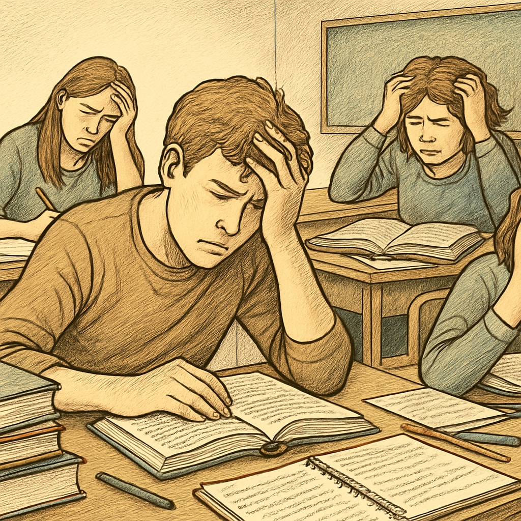 Stressed students preparing for exams in Turkey, showing the impact of exam pressure.