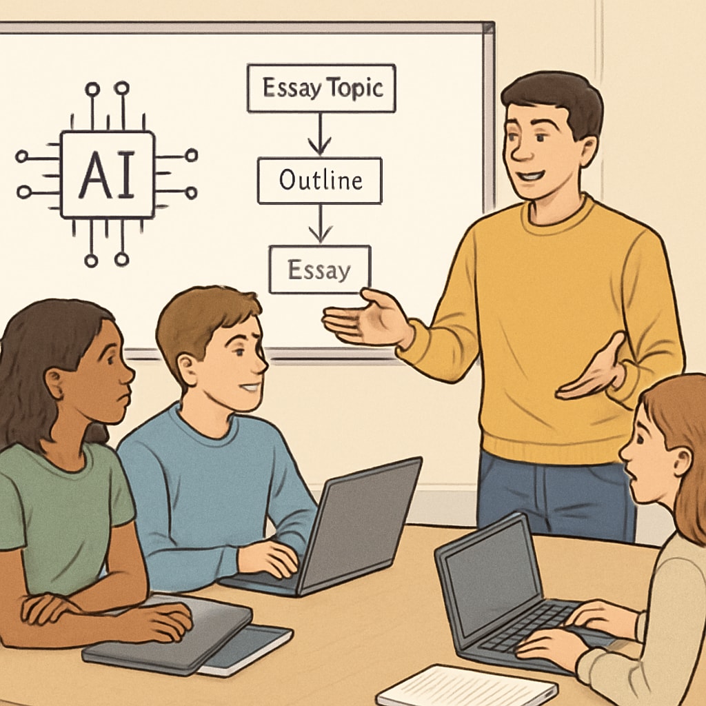 A student hosting a tutoring session, showing peers how to use AI tools for academic success. A group of students learning how to use AI tools for academic improvement.