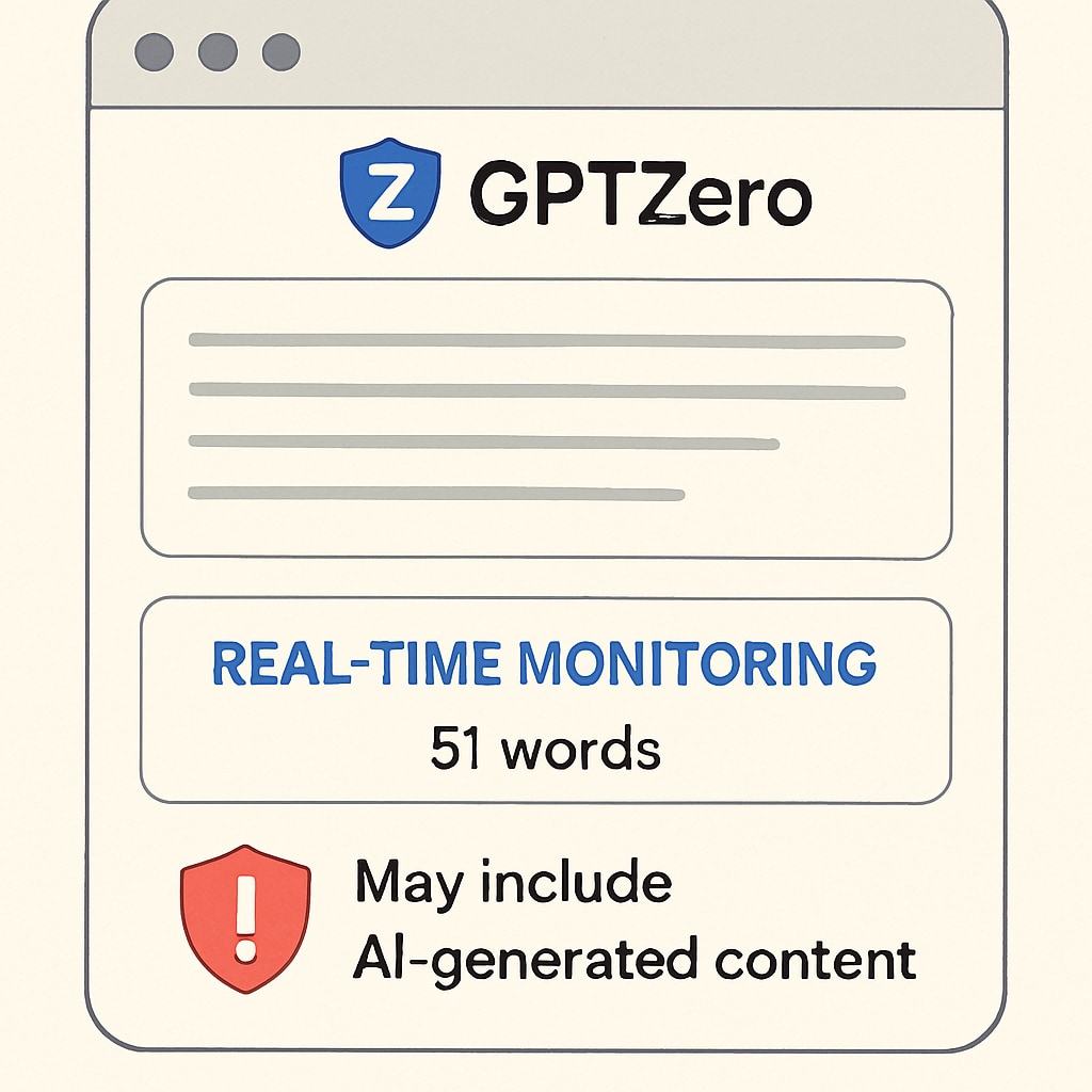 A screenshot showing the GPTZero Chrome extension interface in use, highlighting its real-time monitoring features. GPTZero Chrome extension interface for writing monitoring.
