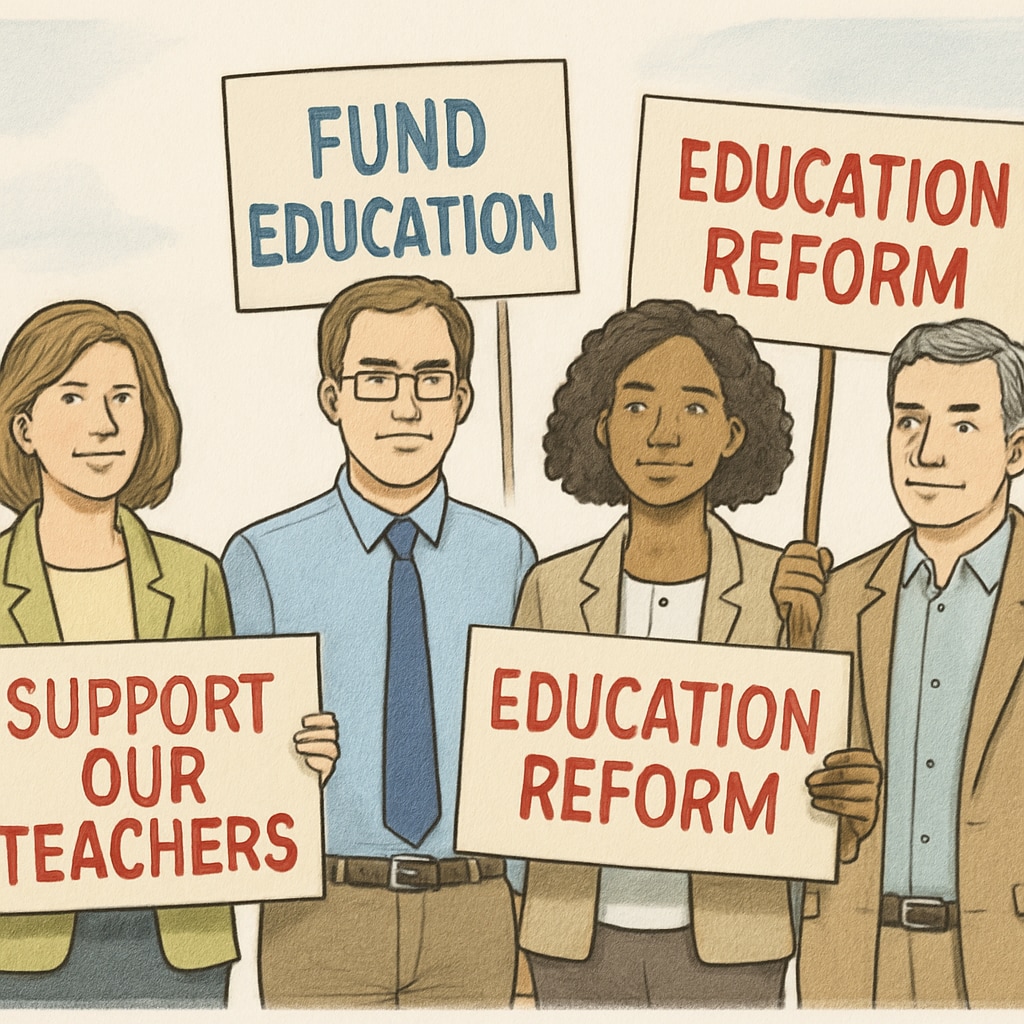 A group of teachers holding signs advocating for education reform during a peaceful protest. Teachers advocating for education reform during a Teacherless Tuesday protest.
